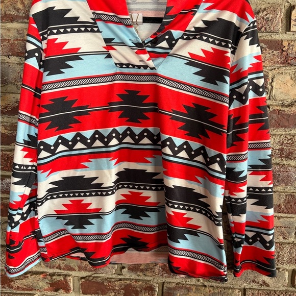 None Tops - NOT FOR SALE
Southwest Aztec Print Pullover — Red Turquoise Black — Lightweight